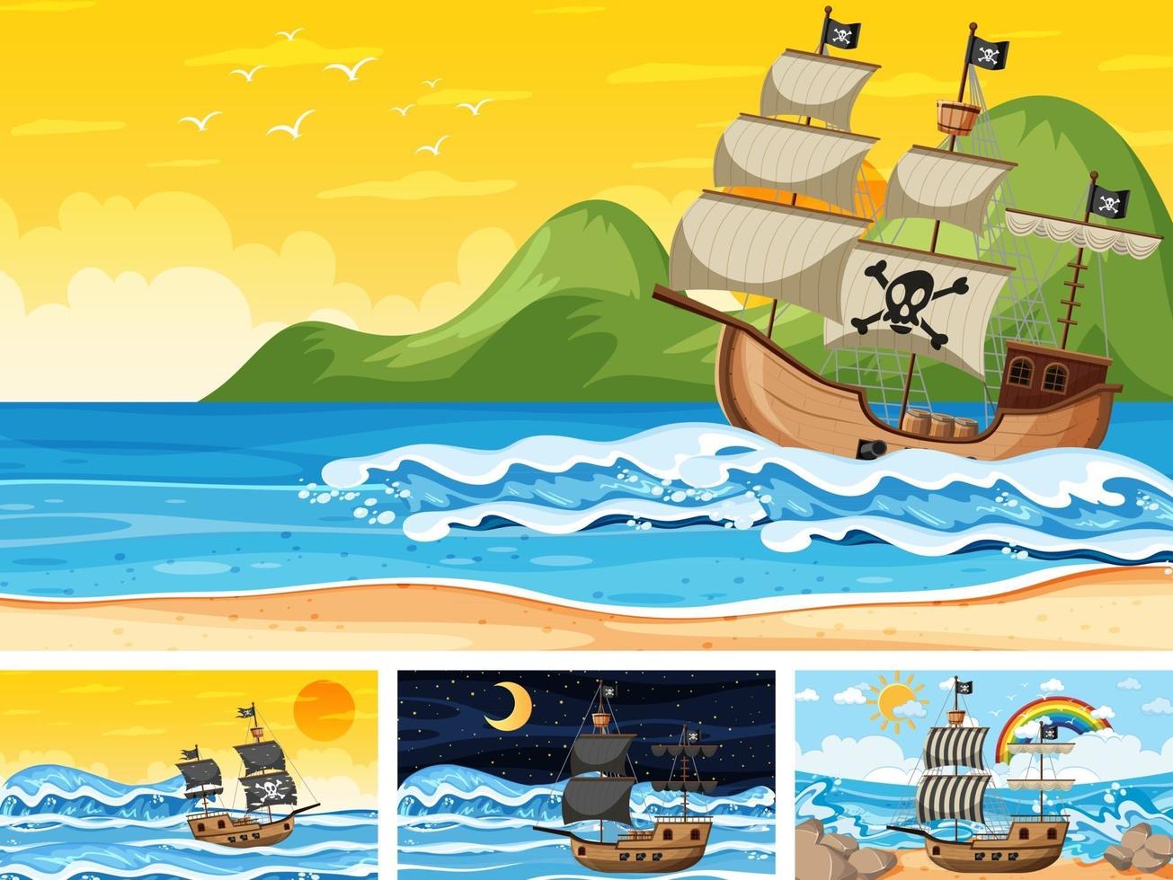 set oceaanscènes op verschillende tijdstippen met piratenschip in cartoon-stijl vector