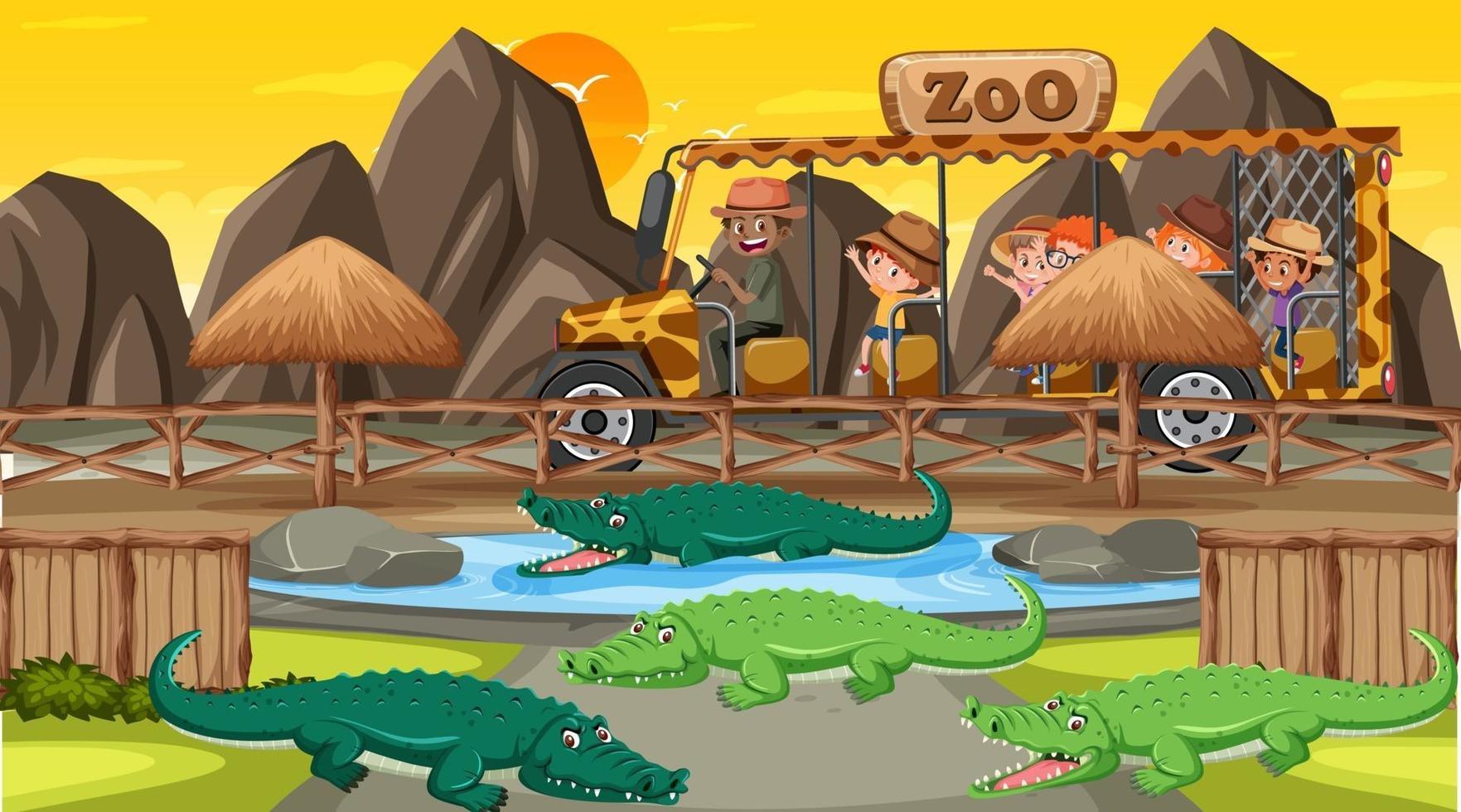 safari bij zonsondergang met veel kinderen die naar een alligatorgroep kijken vector