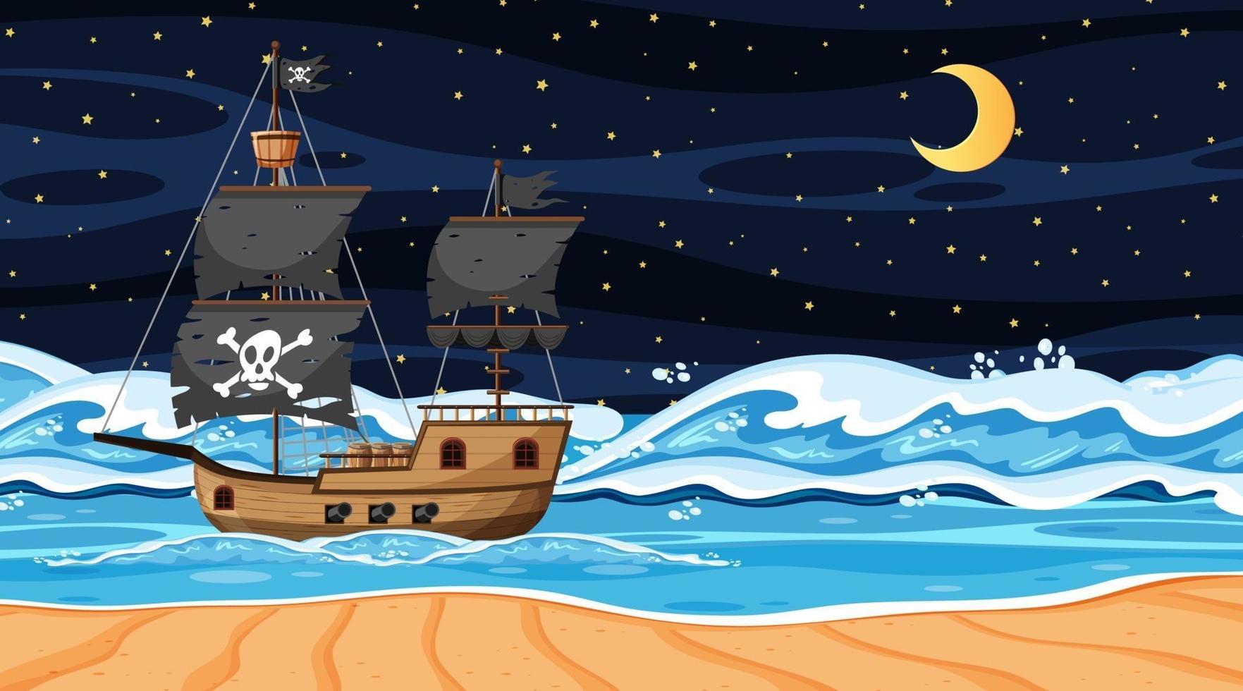 oceaan met piratenschip bij nachtscène in cartoonstijl vector