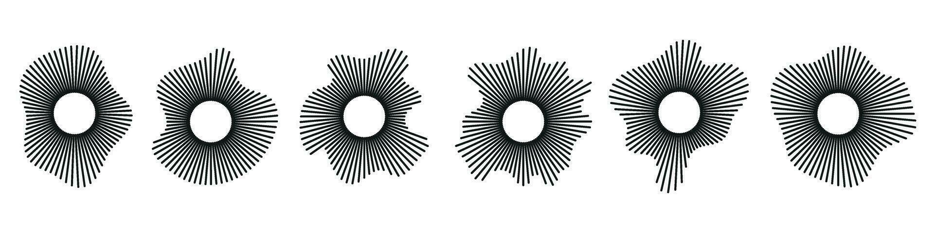 cirkels van geluid golven, audio muziek- symbolen, ronde stem pictogrammen, logos geassocieerd met gelijkmaker, radiaal patronen in spectrum, ringen. vlak vector illustraties geïsoleerd Aan wit achtergrond.