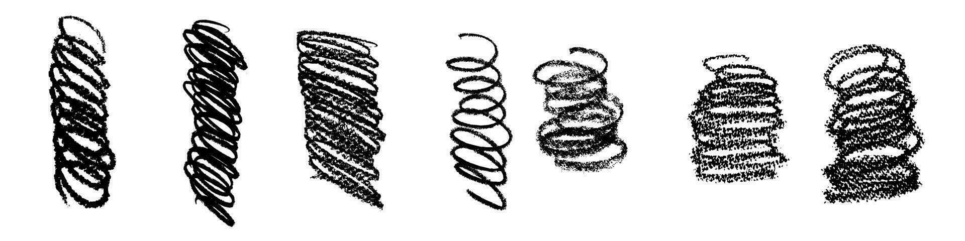 borstel vormen en lijnen in verf, abstract slagen. zwart bochten, dik cirkels, meetkundig golven en krabbels. vlak vector illustraties geïsoleerd Aan wit achtergrond.