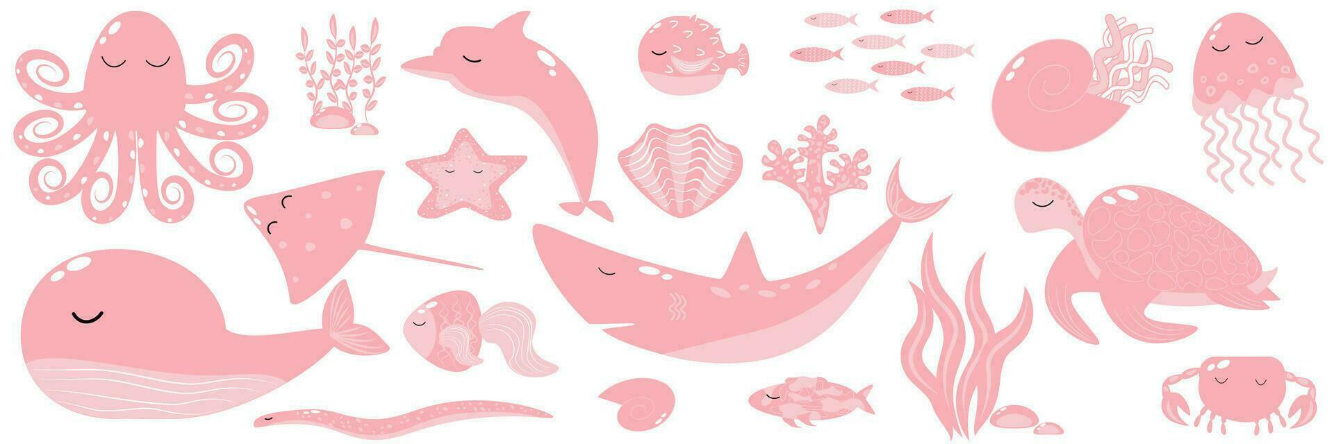 vector illustratie roze neiging reeks marinier dieren walvis haai dolfijn Octopus pijlstaartrog krab banier sjabloon eps10