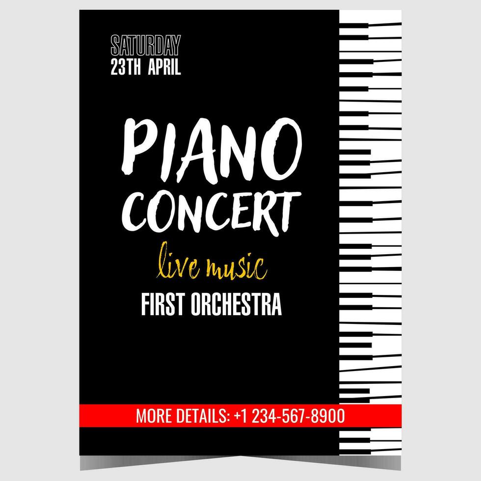 piano concert poster ontwerp sjabloon met zwart en wit piano sleutels Aan de achtergrond. vector promo banier, brochure, boekje of uitnodiging brochure voor leven concert van klassiek piano muziek.