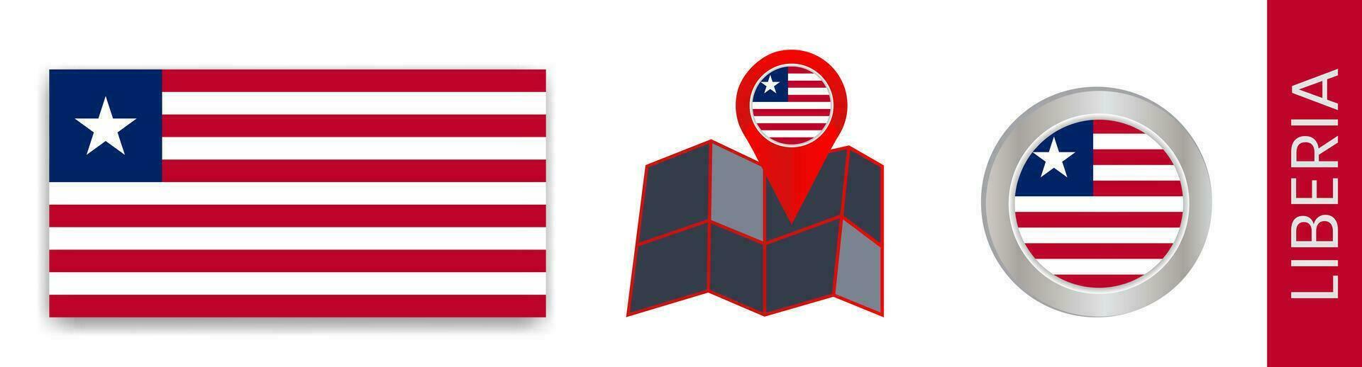 verzameling van nationaal vlaggen van Liberia geïsoleerd in officieel kleuren en kaart pictogrammen van Liberia met land vlaggen. vector