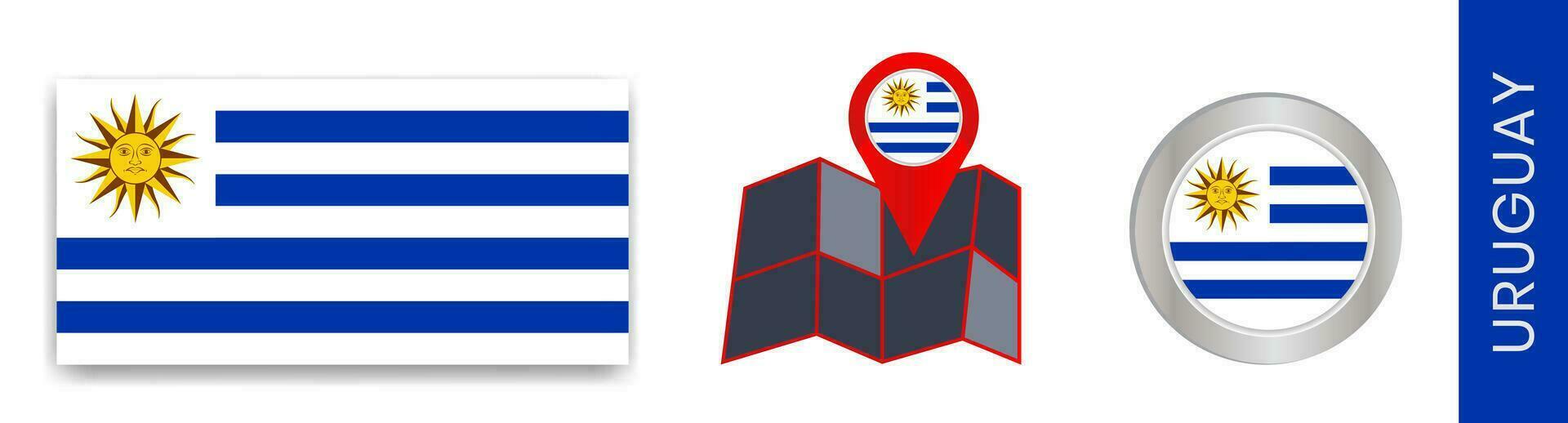 verzameling van nationaal vlaggen Uruguay geïsoleerd in officieel kleuren en kaart pictogrammen van Uruguay met land vlaggen. vector