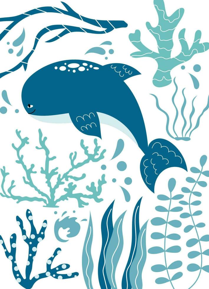 hand getekend zee poster met walvis, zeewier en koralen in blauw kleur. ontwerp Aan wit achtergrond. vector