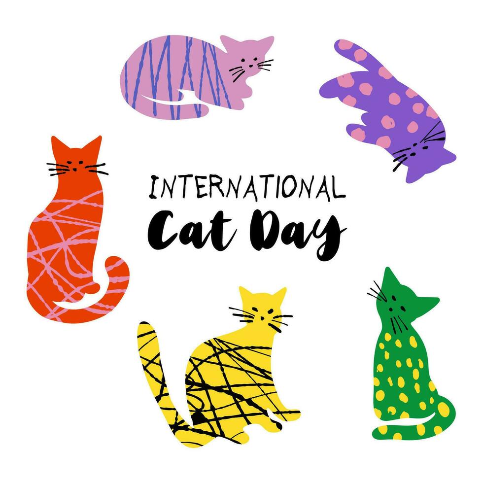 Internationale kat dag illustratie met getextureerde kleurrijk schattig katten geïsoleerd Aan wit kleur achtergrond vector