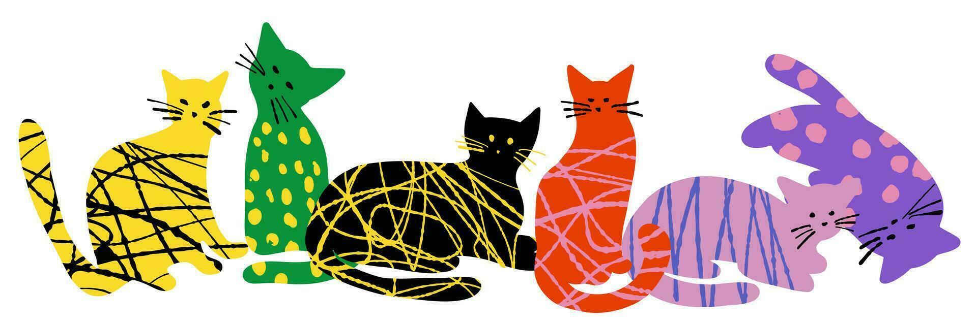 illustratie met getextureerde kleurrijk schattig katten geïsoleerd Aan wit kleur achtergrond vector