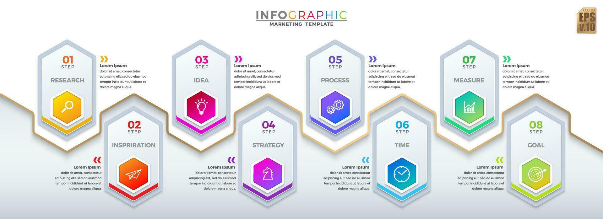 infographic vector bedrijf ontwerp zeshoek pictogrammen kleurrijk sjabloon. 8 opties of stappen geïsoleerd minimaal stijl. u kan gebruikt voor afzet werkwijze, workflow presentaties lay-out, stromen grafiek, afdrukken advertentie.