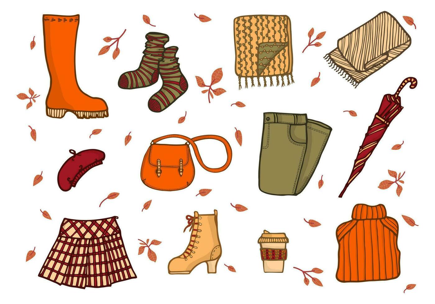 knus herfst kleren. tekening set. schattig tekenfilm hand- getrokken vallen outfits, rubber laarzen, paraplu, sokken, handtas, laarzen, rok, baret, trui, broek, sjaals en koffie. vector