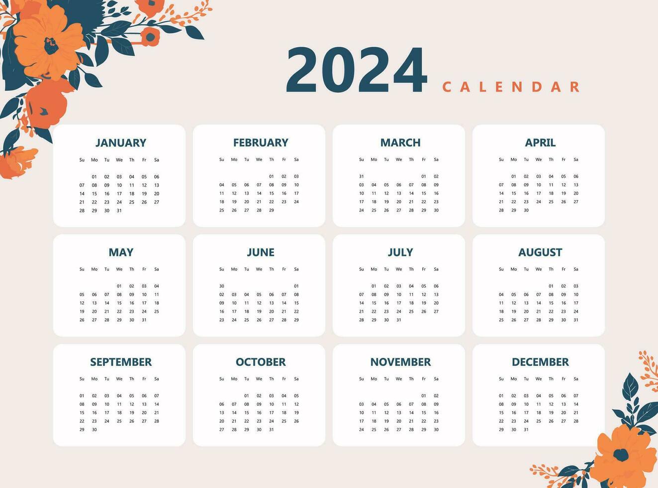 gelukkig nieuw jaar 2024 kalender ontwerp modern sjabloon, muur en bureau kalender ontwerp vector