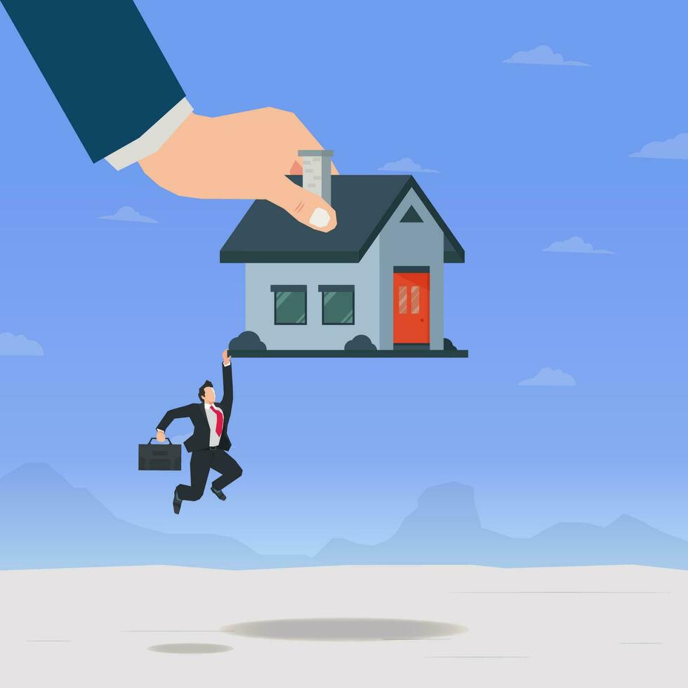 zakenman worstelt naar houden zijn huis van wezen gesloopt. uitzettingen en hypotheek leningen concept illustratie vector