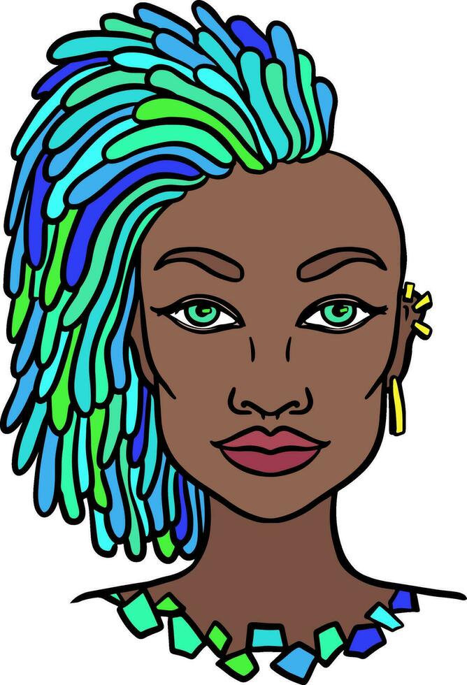blauw haar- meisje met gouden oorbellen portret vector