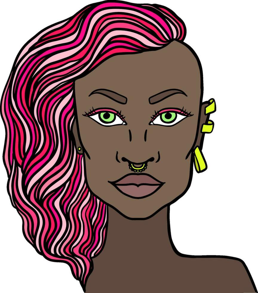 roze haar- meisje met gouden oorbellen portret vector