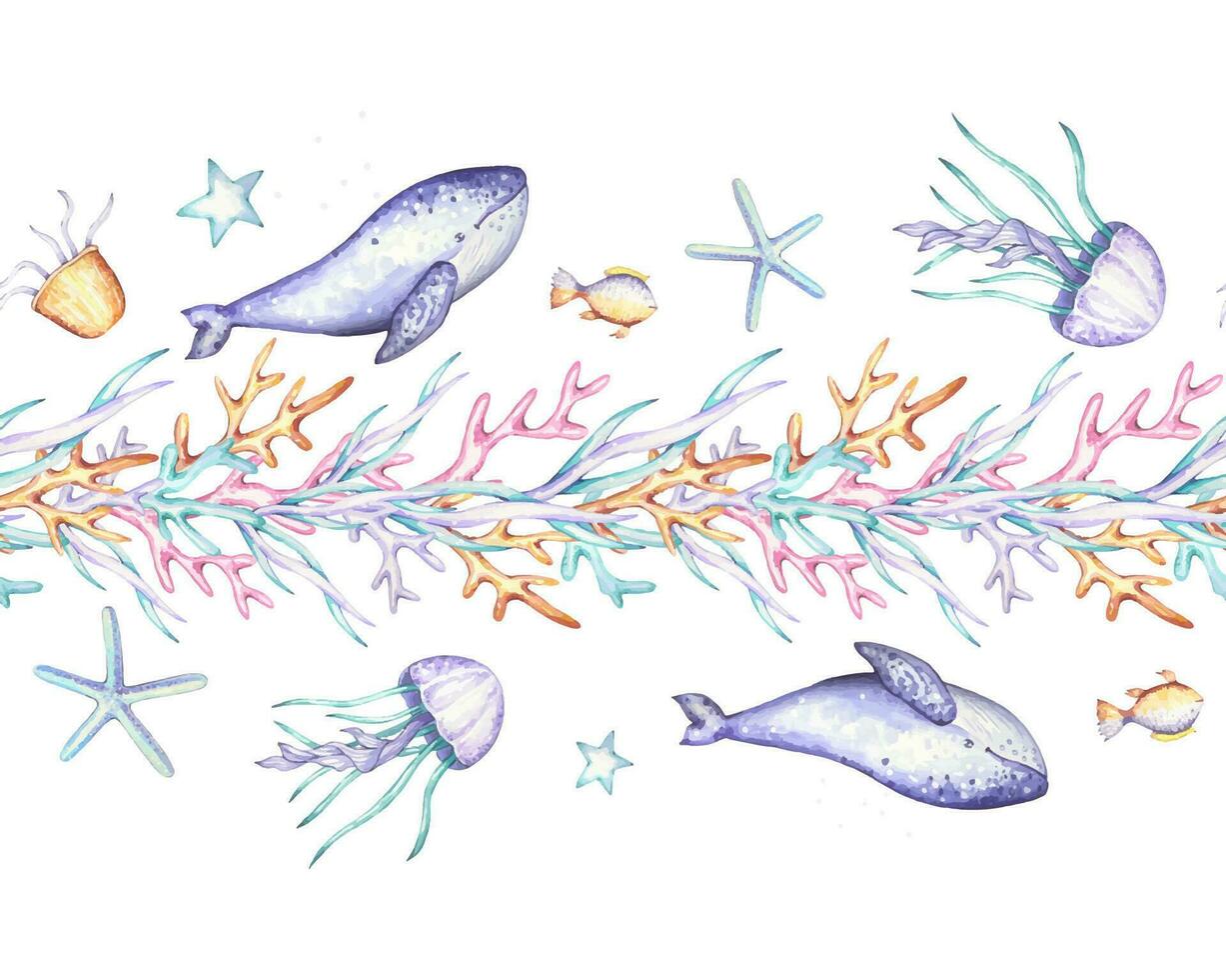 naadloos marinier grens met walvissen, kwallen, vis, algen.aquarel vector