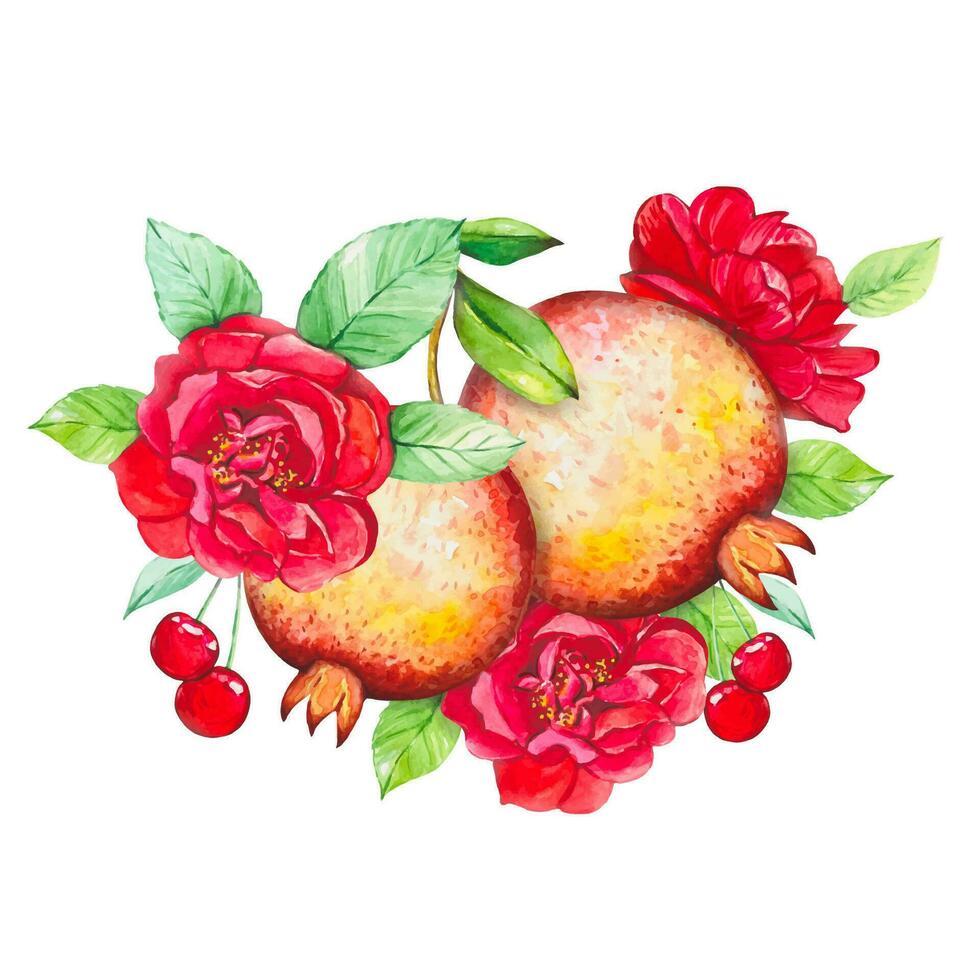 waterverf samenstelling met granaatappels, kersen en rood rozen vector