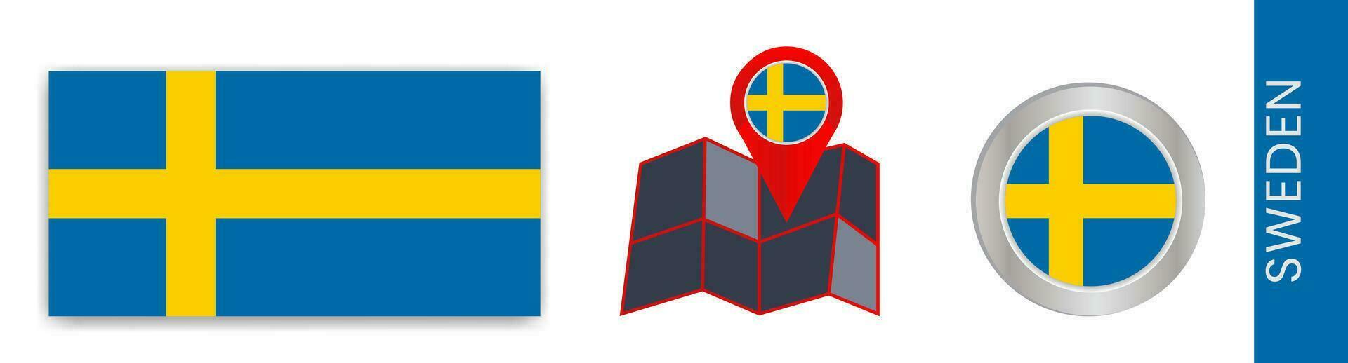 verzameling van Zweeds nationaal vlaggen geïsoleerd in officieel kleuren en kaart pictogrammen van Zweden met land vlaggen. vector