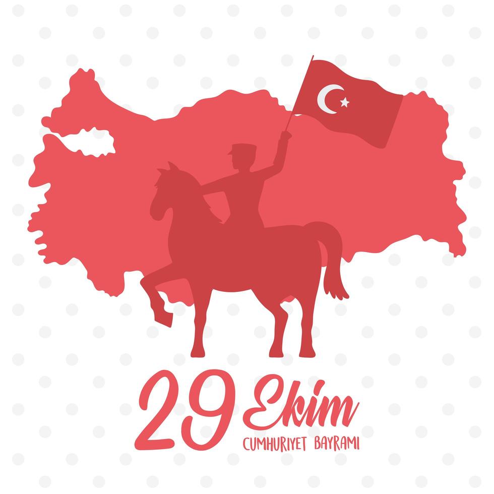 29 ekim cumhuriyet bayrami kutlu olsun, turkije republiek dag, rode silhouet soldaat rijpaard met vlag kaart achtergrond vector