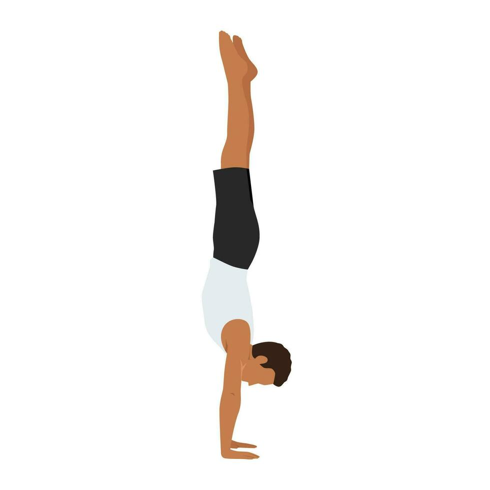 Mens aan het doen adho mukha vrksasana of handstand houding yoga oefening. vector