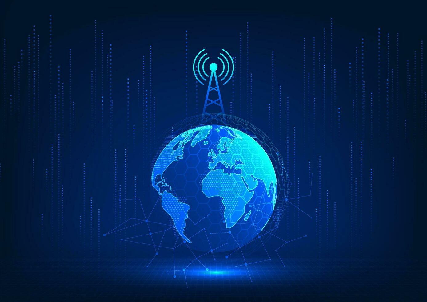 transmissie toren technologie geplaatst Aan de wereld met informatie lijnen verwijst naar naar de technologie van verzenden signalen in de omgeving van de wereld naar toegang de internetten. communicatie bedrijf contact vector