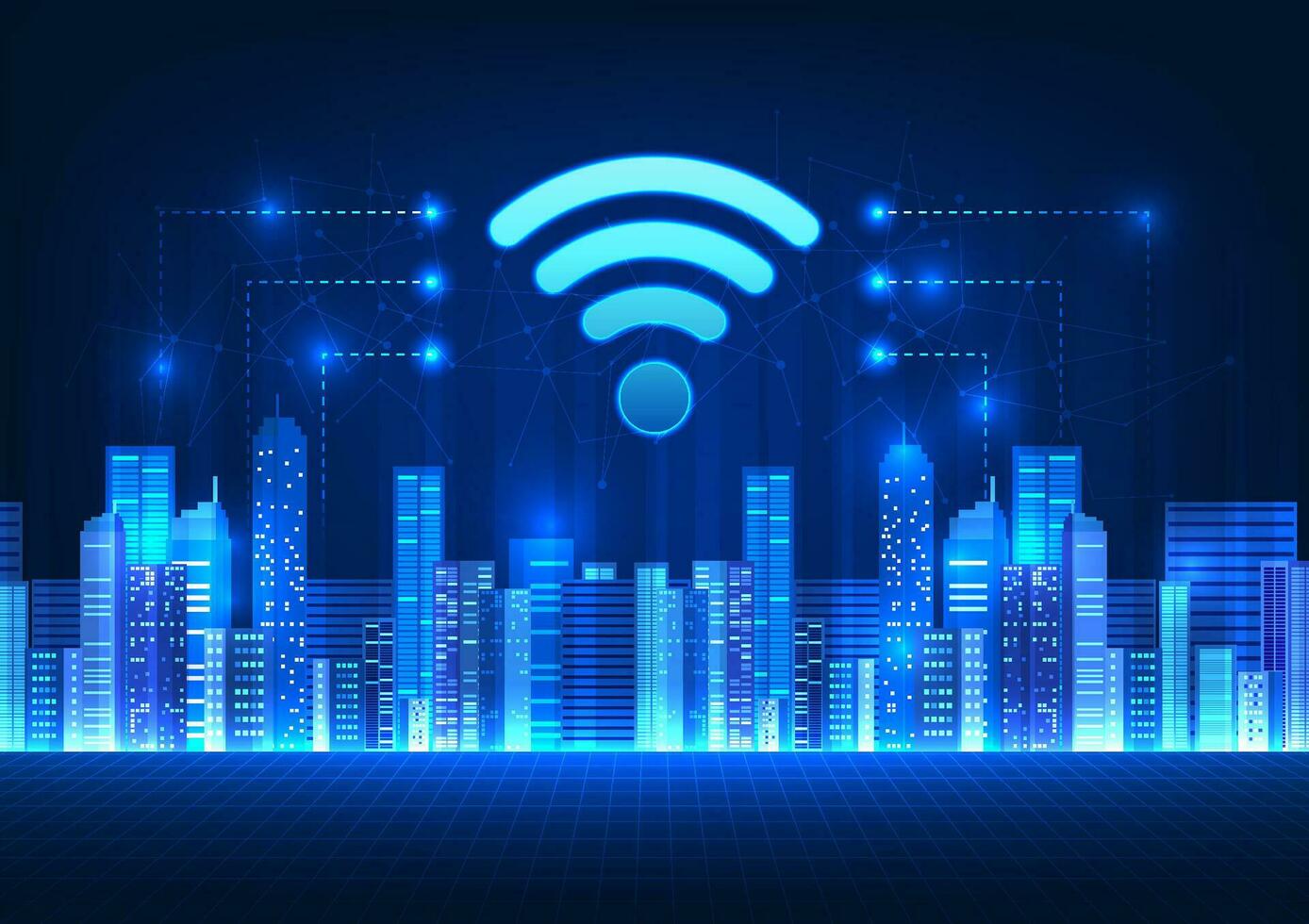 Wifi technologie in de slim stad met een Wifi icoon Bij de top verwijst naar naar de technologie van de internet signaal dat verspreidt gedurende de stad naar toestaan mensen naar toegang informatie snel. vector