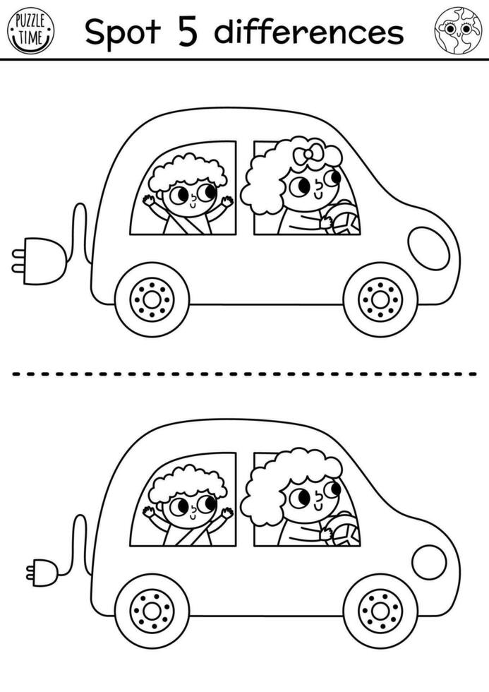 vind verschillen spel. ecologisch zwart en wit leerzaam werkzaamheid met schattig kind en moeder het rijden elektro auto. aarde dag lijn puzzel voor kinderen. eco bewustzijn of nul verspilling afdrukbare kleur bladzijde vector