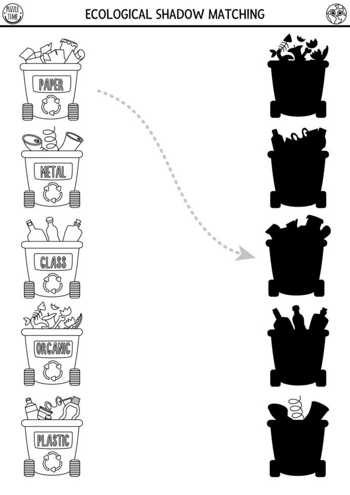 ecologisch zwart en wit schaduw bij elkaar passen werkzaamheid met verspilling sorteren concept. aarde dag puzzel. vind correct silhouet afdrukbare werkblad of spel. eco bewustzijn kleur bladzijde voor kinderen vector