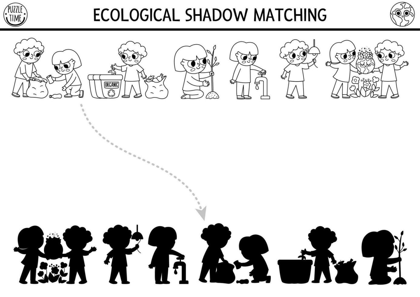 ecologisch zwart en wit schaduw bij elkaar passen werkzaamheid met kinderen zorgzaam van omgeving. aarde dag puzzel. vind correct silhouet afdrukbare werkblad of spel. eco bewustzijn kleur bladzijde voor kinderen vector