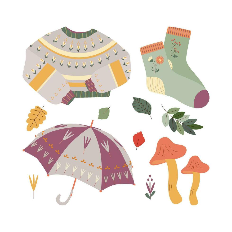 paraplu, paddestoel, sok, bladeren, gebreid trui. Hallo herfst. herfst seizoen element, icoon. vector