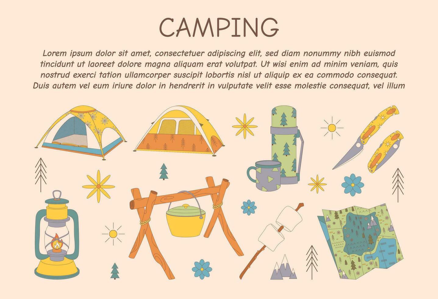 promotionele folder voor camping, reis, hiking, picknick. vector illustratie voor poster, banier, omslag, advertentie, web bladzijde.