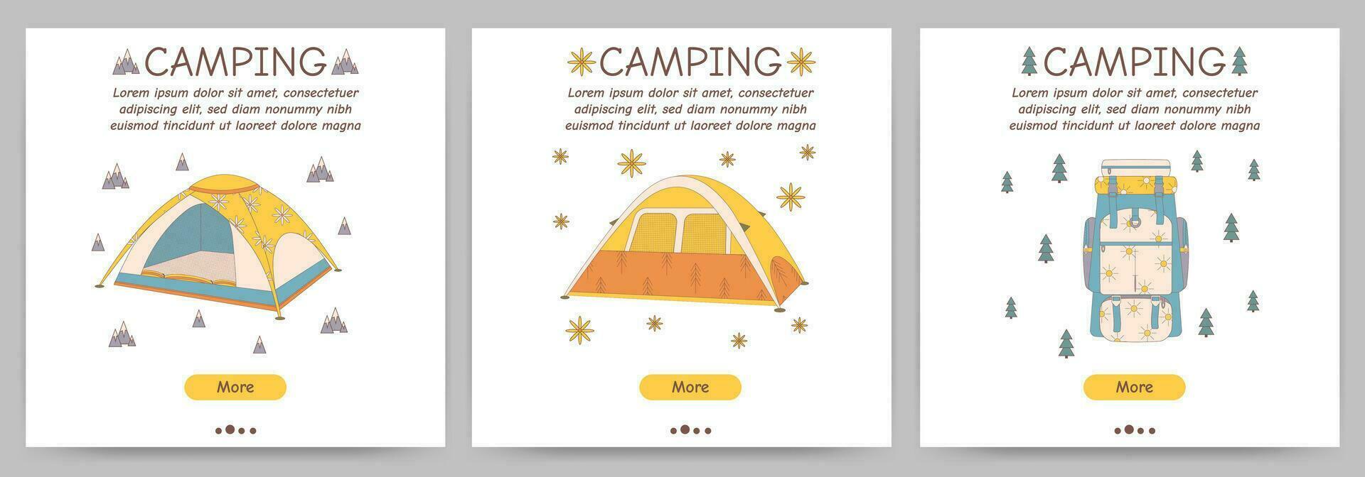 reeks van promotionele flyers voor camping, reis, hiking, picknick. vector illustratie voor poster, banier, omslag, advertentie, web bladzijde.