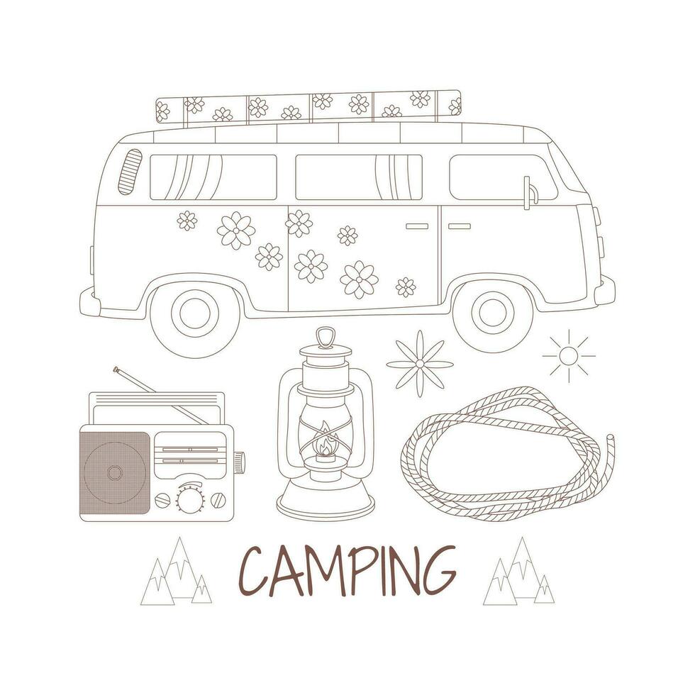 camping en wandelen set, getrokken elementen olie lamp, bestelwagen, touw, radio. wildernis overleving, reis, hiking, buitenshuis recreatie, toerisme. vector