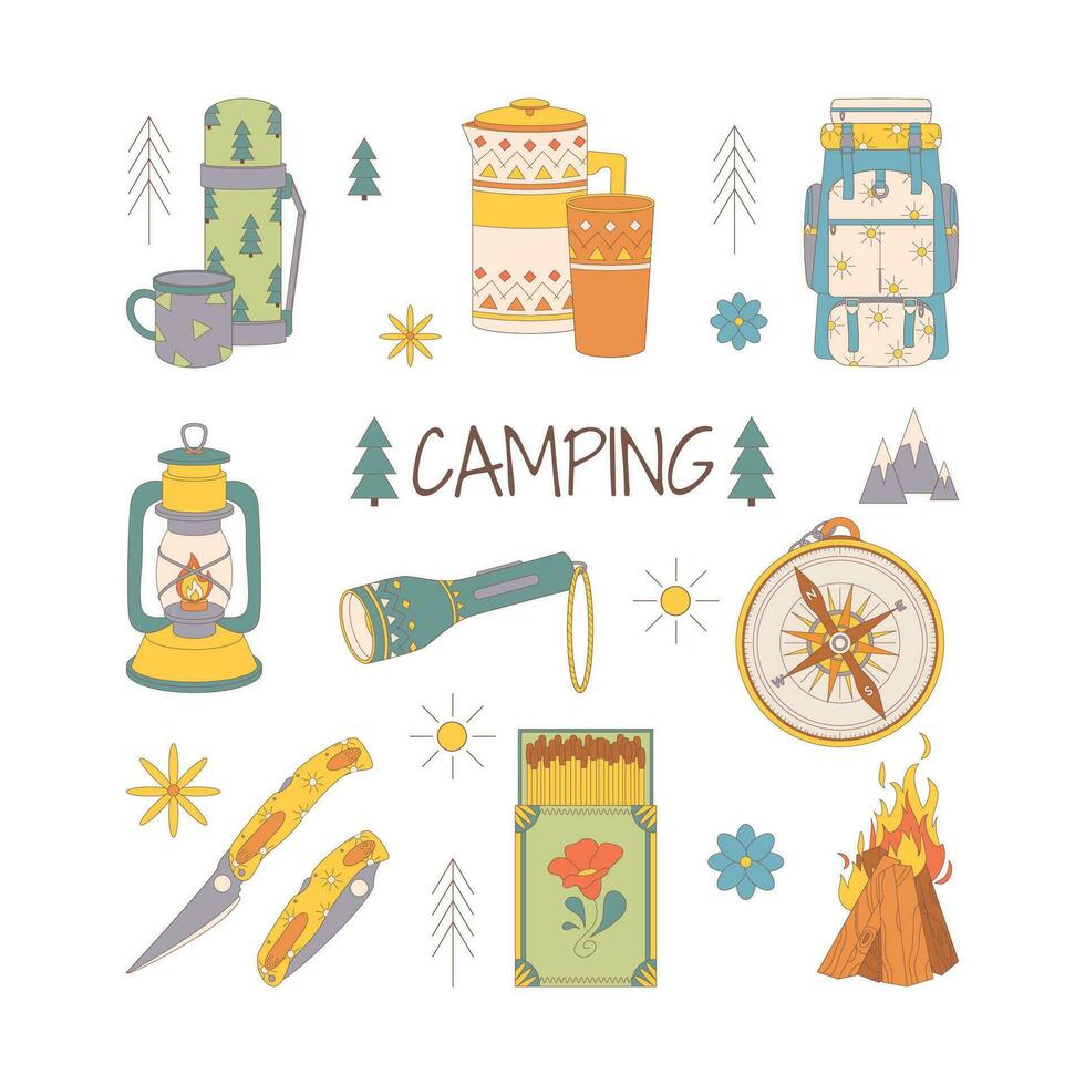 camping en wandelen set, getrokken elementen rugzak, zaklamp, kompas, mes, wedstrijden, vreugdevuur. vector