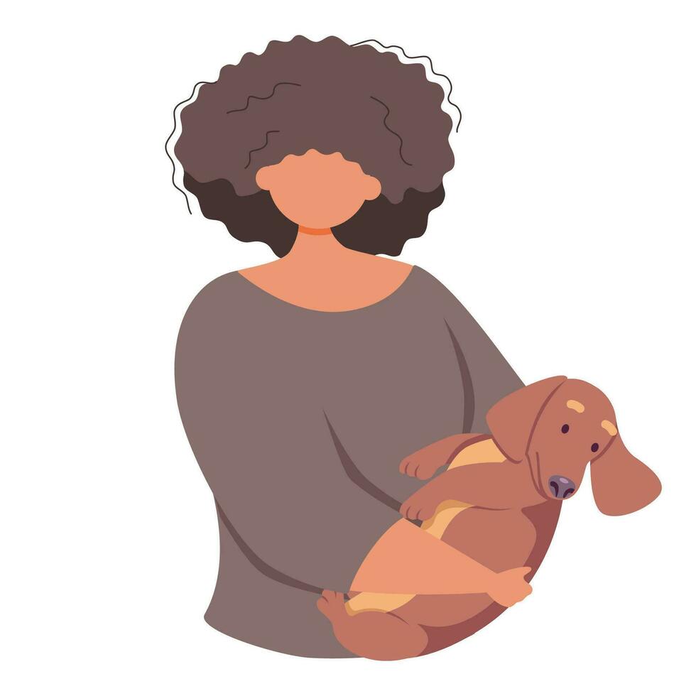 vrouw Holding een klein hond in haar armen. vector