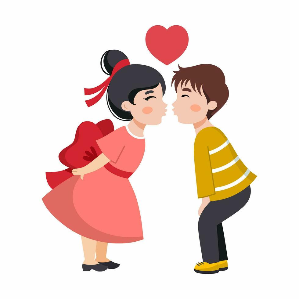 jongen kusjes meisje. schattig illustratie met tekens in liefde. Valentijn dag groet kaart. 14e van februari. vector