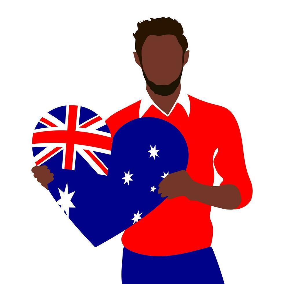 gelukkig Australië dag. Afrikaanse Amerikaans vent Holding een hart met een vlag in zijn handen. officieel nationaal vakantie. vector. vector