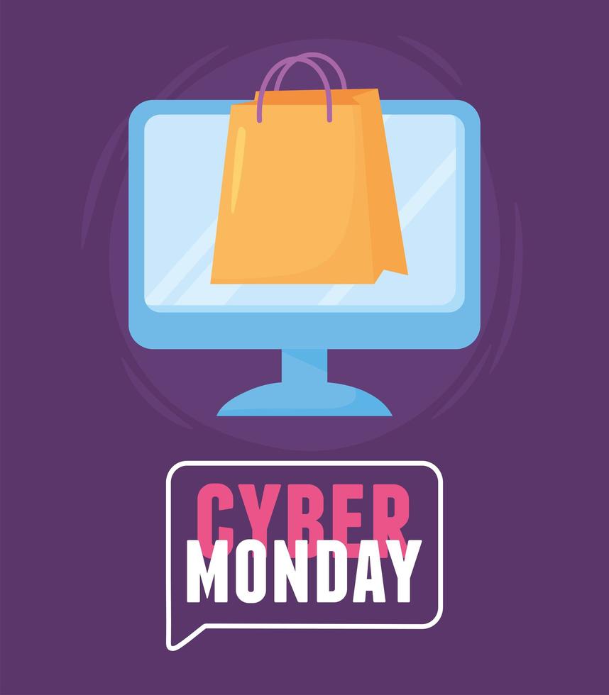 cyber maandag, boodschappentas in computer e-commerce vector