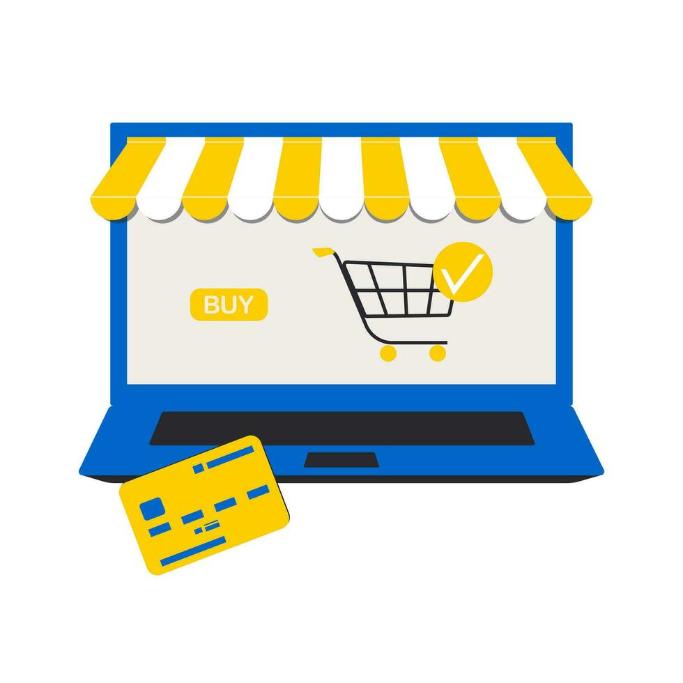 winkel online. boodschappen doen concept met Open scherm laptop en credit kaart in modern ontwerp Aan wit achtergrond gemaakt van geel en blauw kleuren. vector. vector