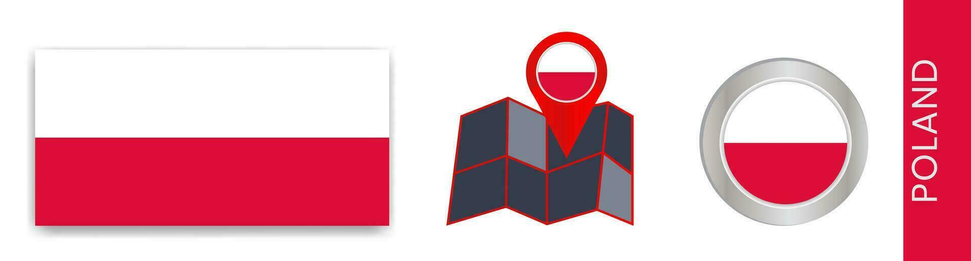 verzameling van Pools nationaal vlaggen geïsoleerd in officieel kleuren en kaart pictogrammen van Polen met land vlaggen. vector