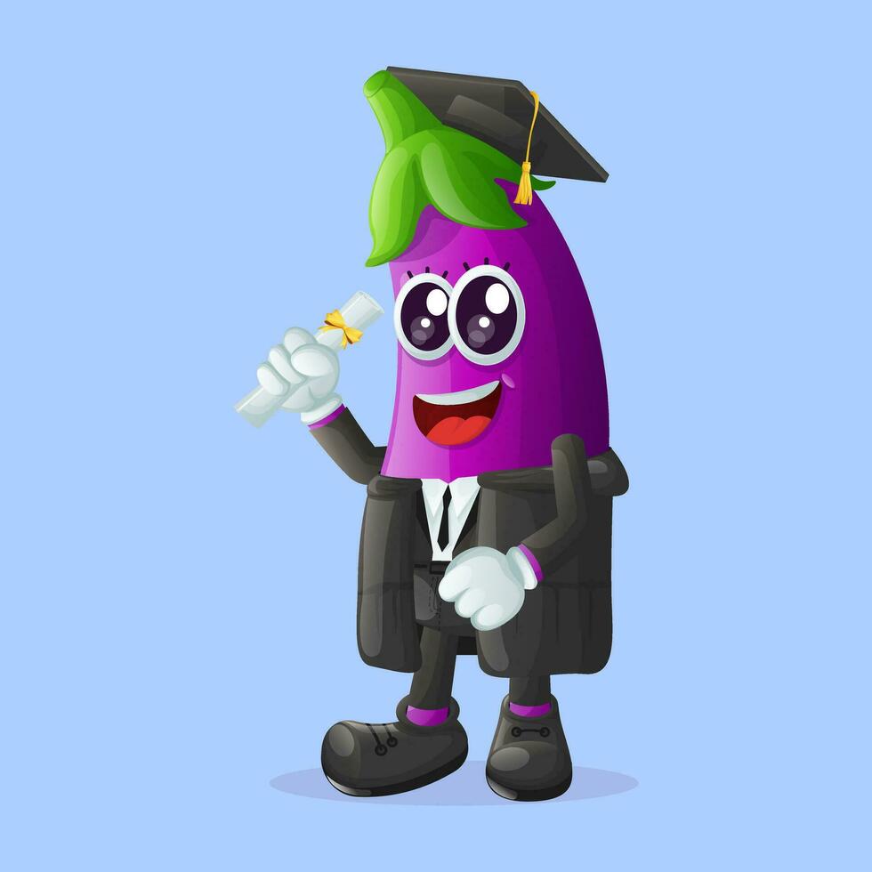 schattig aubergine karakter vervelend een diploma uitreiking pet en Holding een diploma vector