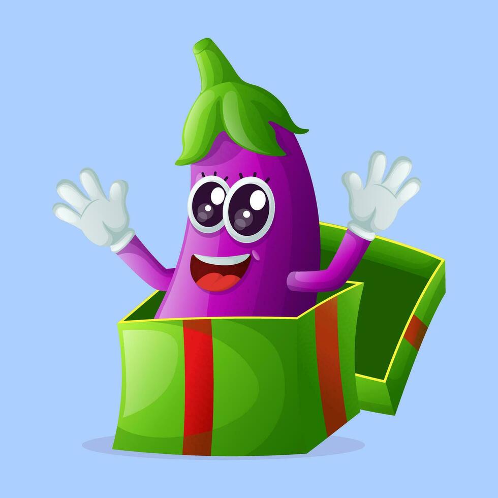 schattig aubergine karakter ontvangen cadeaus vector