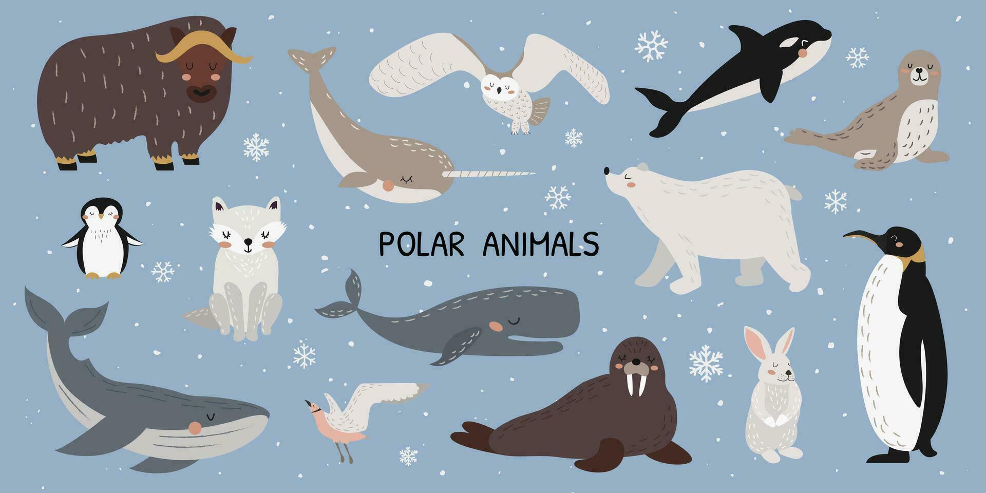 vector illustratie van schattig polair dieren, marinier zoogdieren en vogels. groot reeks van wild arctisch dieren. walvis, narwal, walrus, polair uil, polair beer, pinguïns. vector illustratie in vlak stijl.
