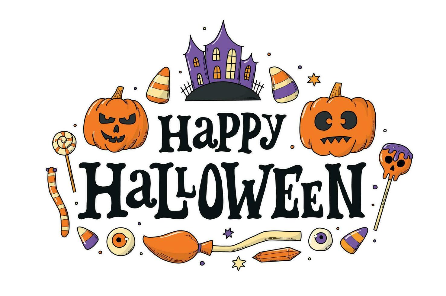 gelukkig halloween wijnoogst belettering citaat versierd met doodles voor afdrukken, kaarten, affiches, spandoeken, uitnodigingen, etiketten, stickers, achtergronden, logo's, enz. eps 10 vector