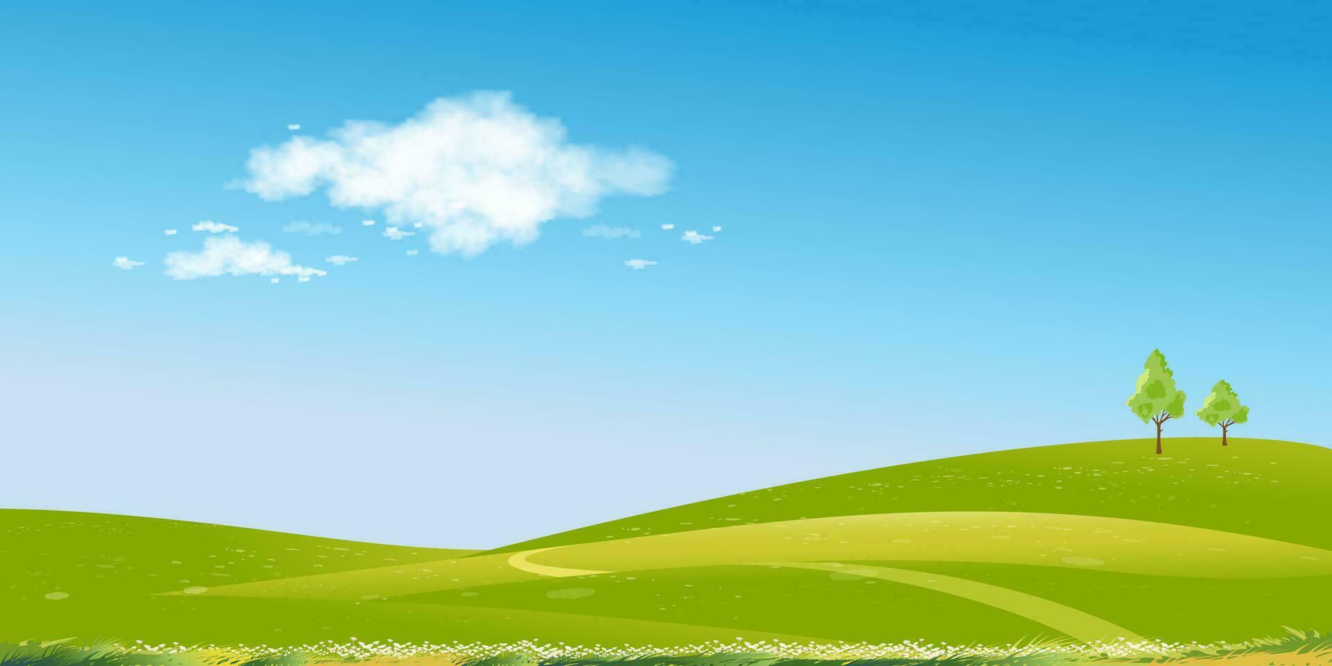 voorjaar landschap groen velden, bergen, blauw lucht en wolken achtergrond, horizon vredig landelijk natuur zonnig dag zomer met gras land.cartoon vector illustratie voor voorjaar en zomer banier