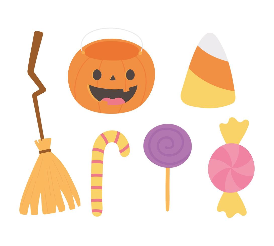 happy halloween pompoen bezem snoepjes en kauwgom pictogrammen vector