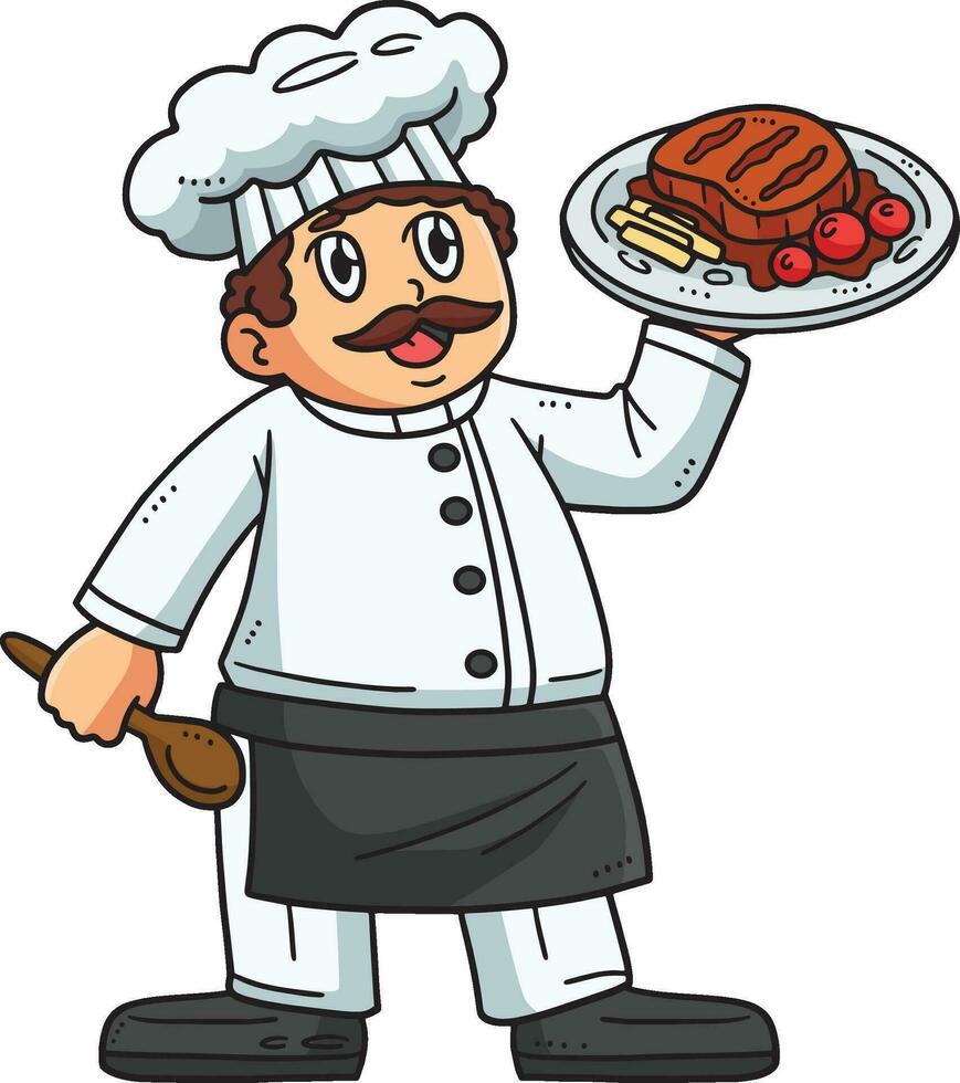 chef met een portie bord tekenfilm gekleurde clip art vector