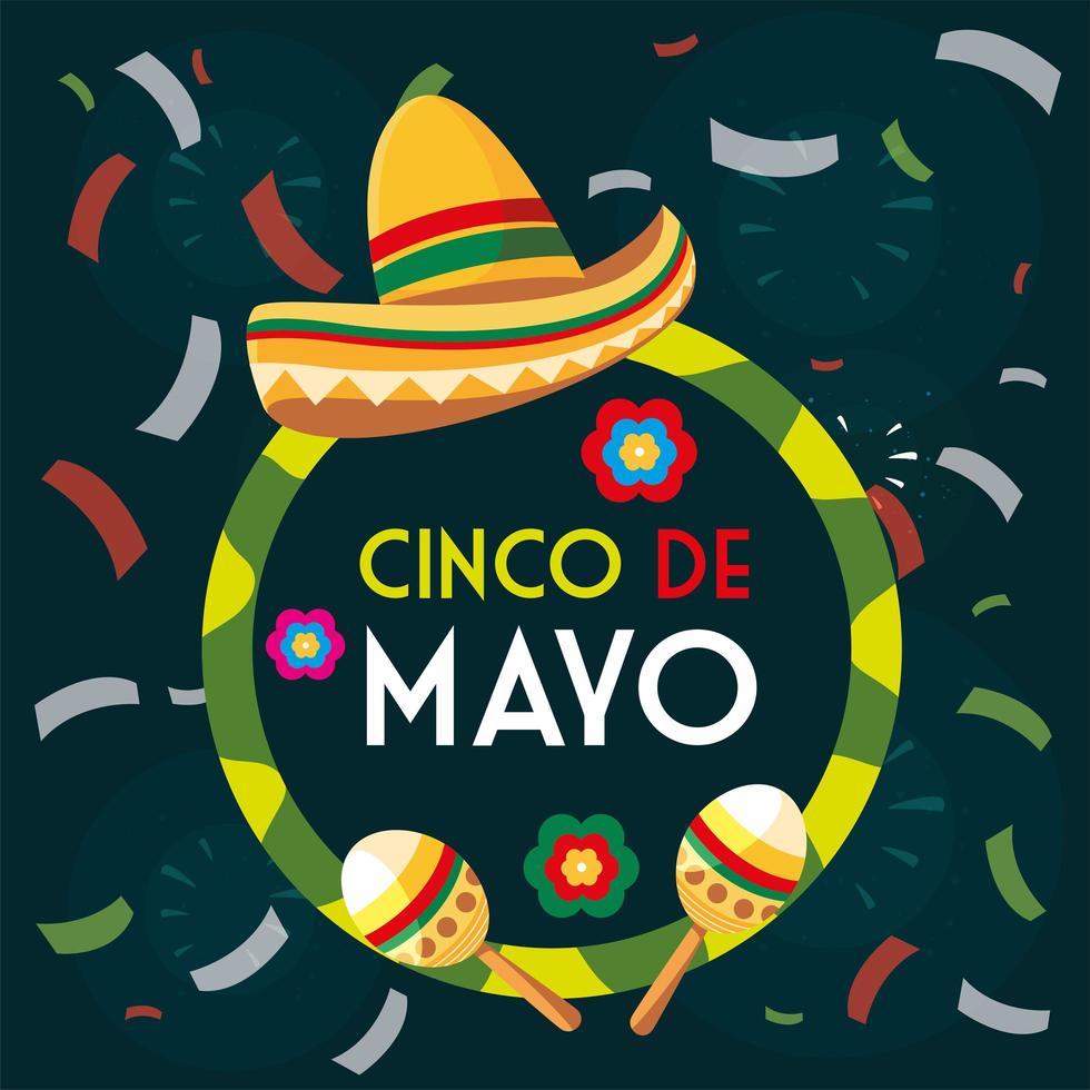 hoed mexicaans en maracas met label cinco de mayo vector