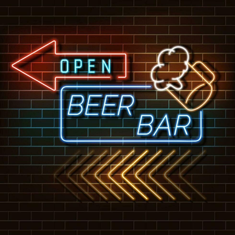 bier bar neon licht banier Aan een steen muur. blauw en oranje teken. decoratief realistisch retro element voor web ontwerp vector