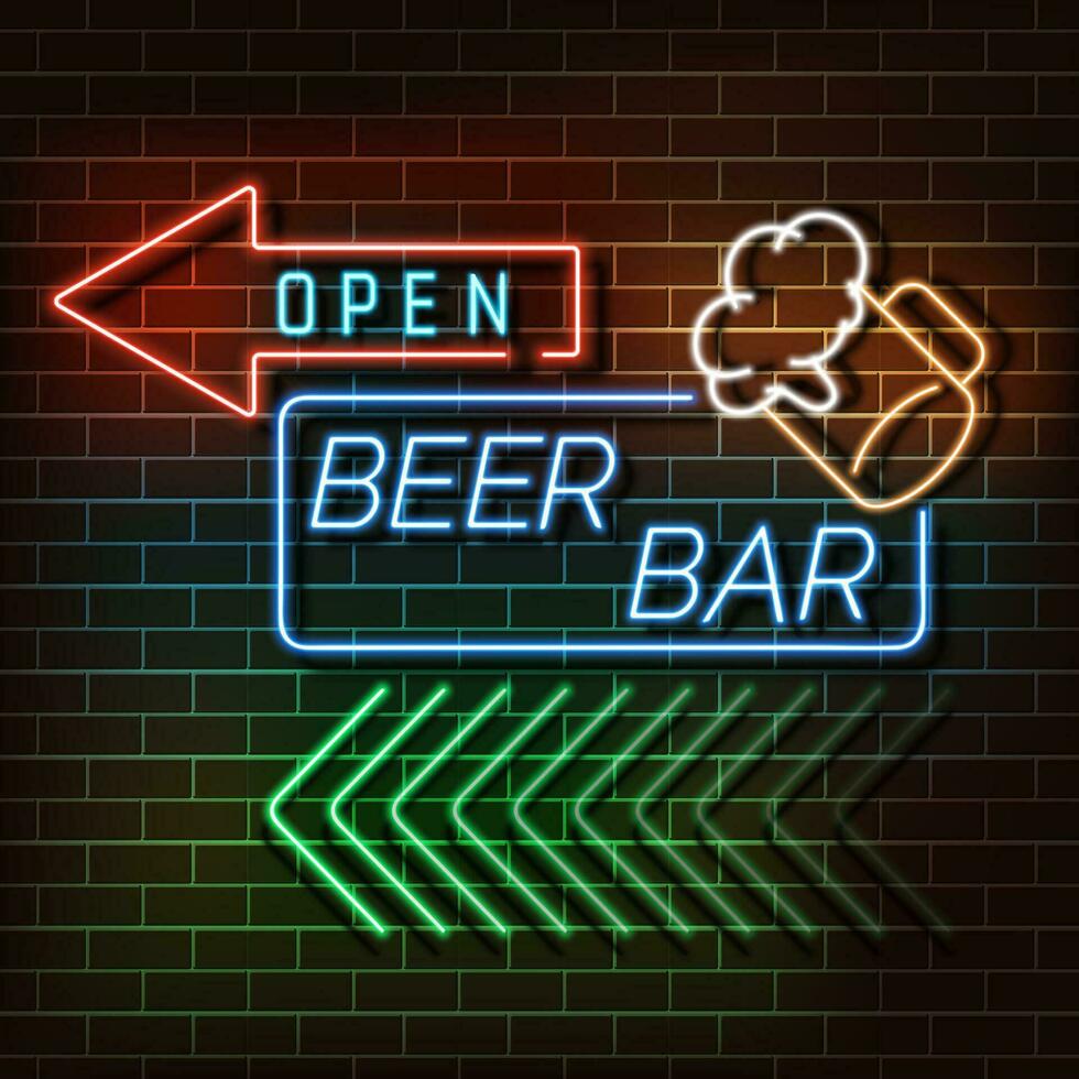 bier bar neon licht banier Aan een steen muur. blauw en oranje teken. decoratief realistisch retro element voor web ontwerp vector