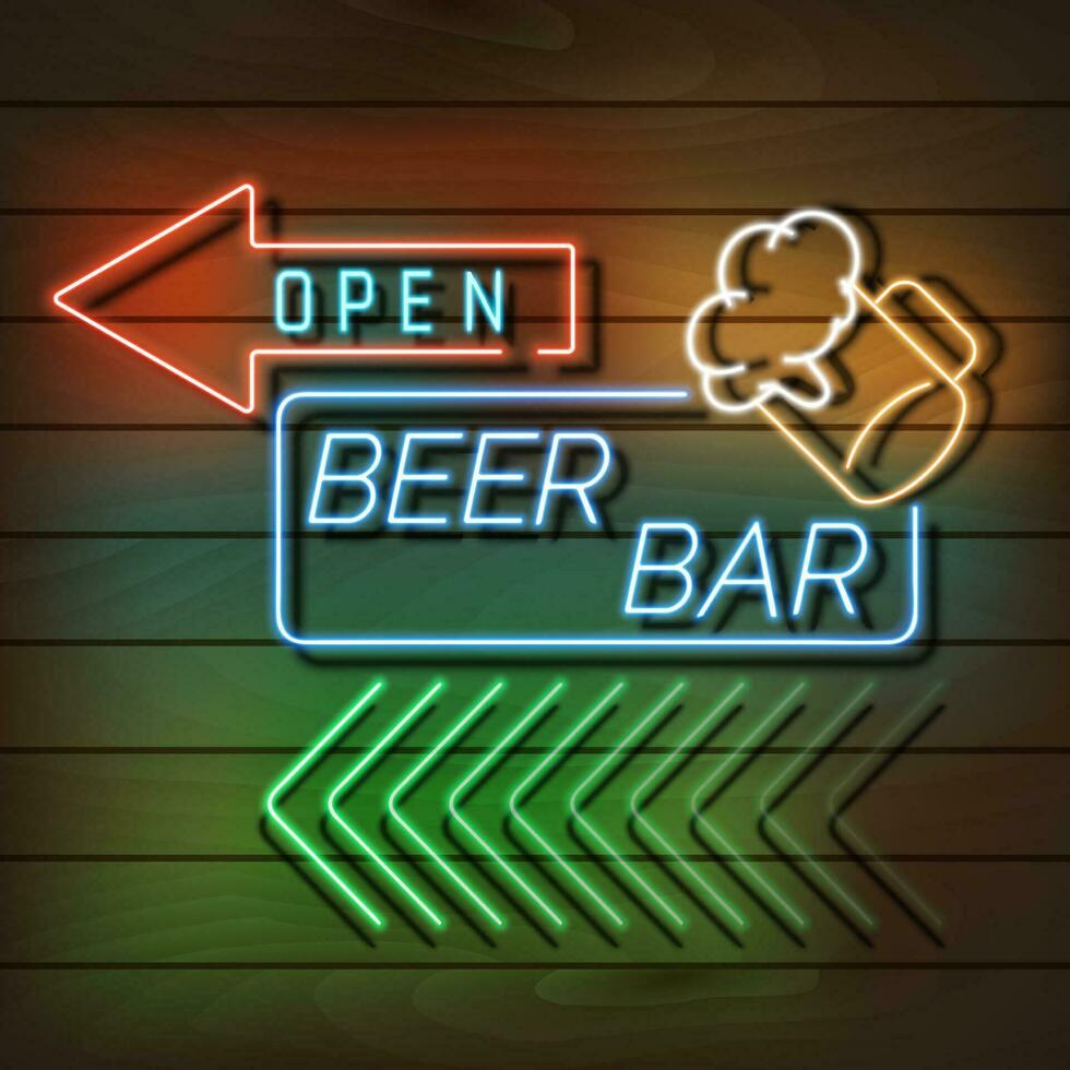 bier bar neon licht banier Aan een houten muur. blauw en oranje teken. decoratief realistisch retro element voor web ontwerp vector